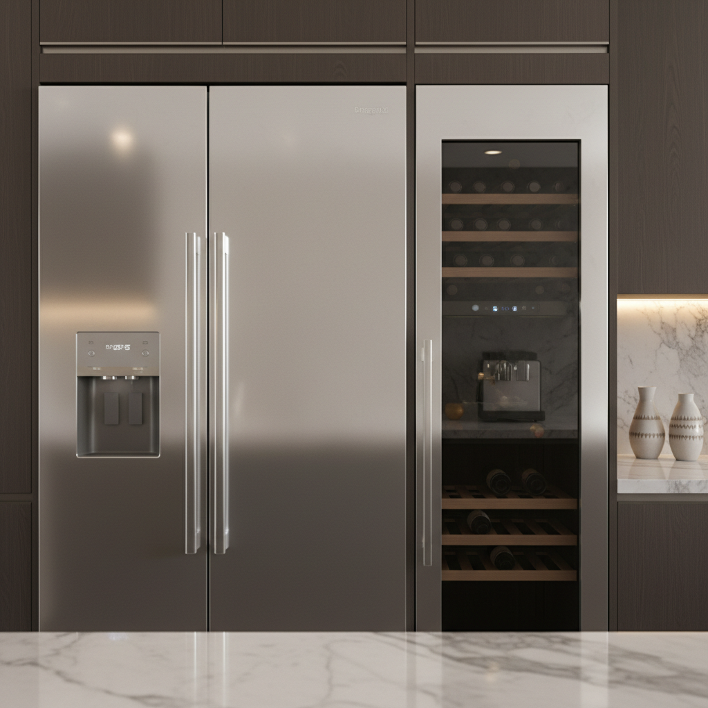 Modern Wolf appliance kitchen with refrigerator and wine cooler