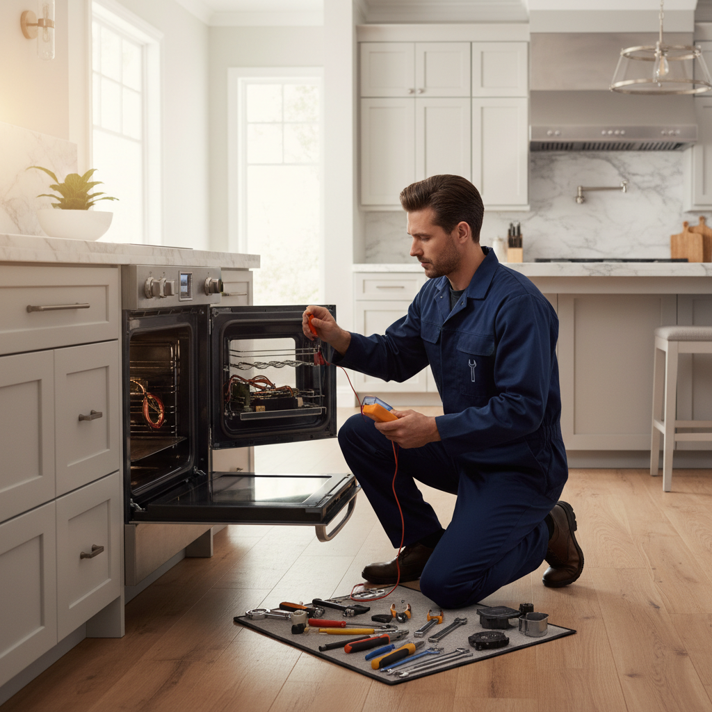 Appliance repair technician repairing a built-in oven